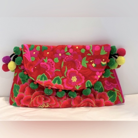 Island Flower Embroidered Colorful Clutch with Pom Pom Ball Tassels - Picture 2 of 5